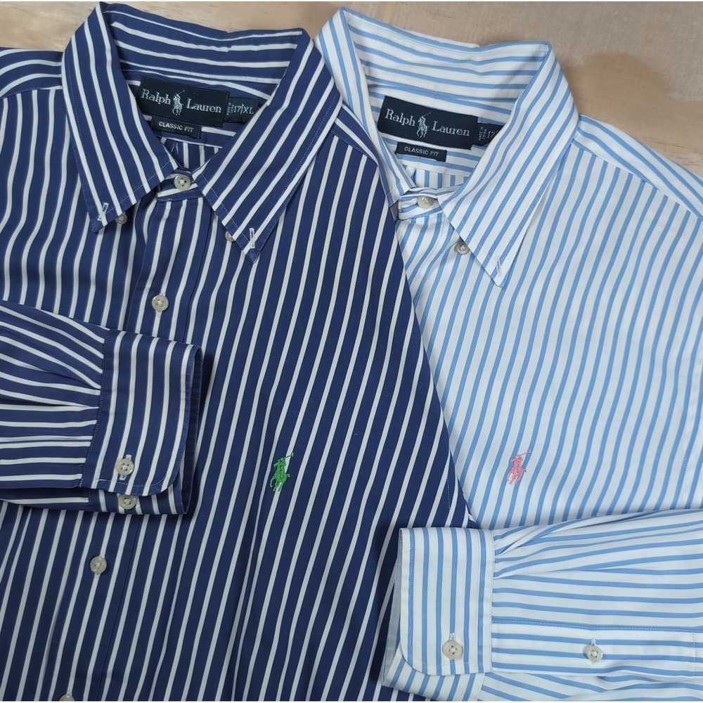 2x Polo Ralph Lauren Classic Fit Blue White Striped Cotton Dress Shirt XL 17